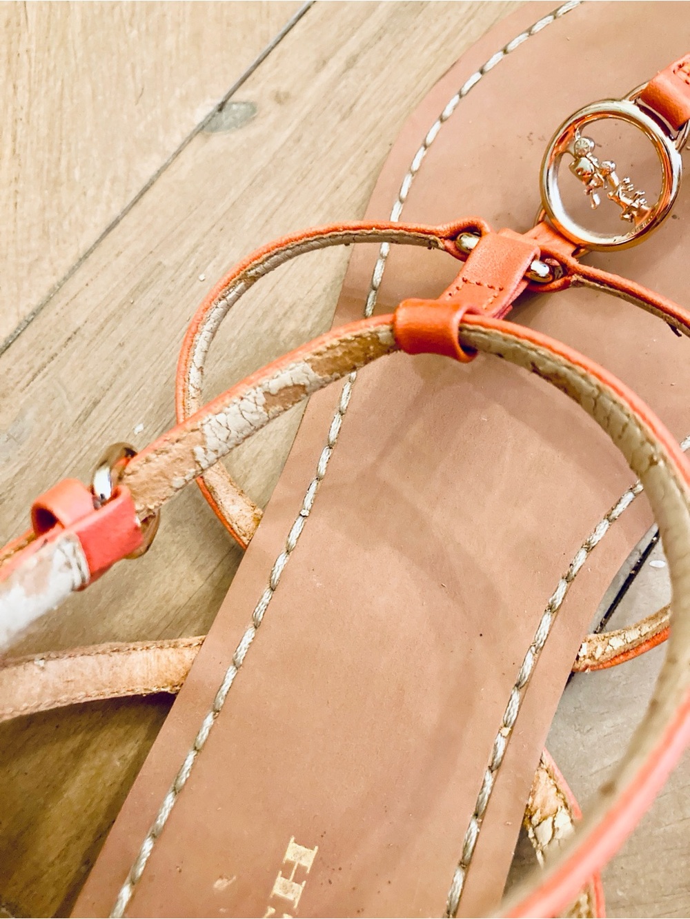 Coach Cicily T-Strap Orange Leather Sandals with Gold Accent - Picture 6 of 7